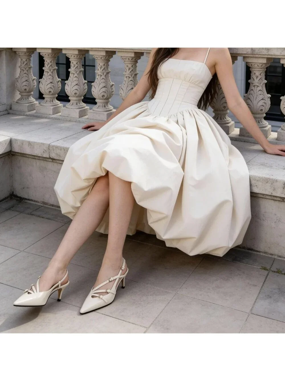 Women's Beige Slingback Kitten Pointed Toe Pump Low Stiletto Heels Shoes
